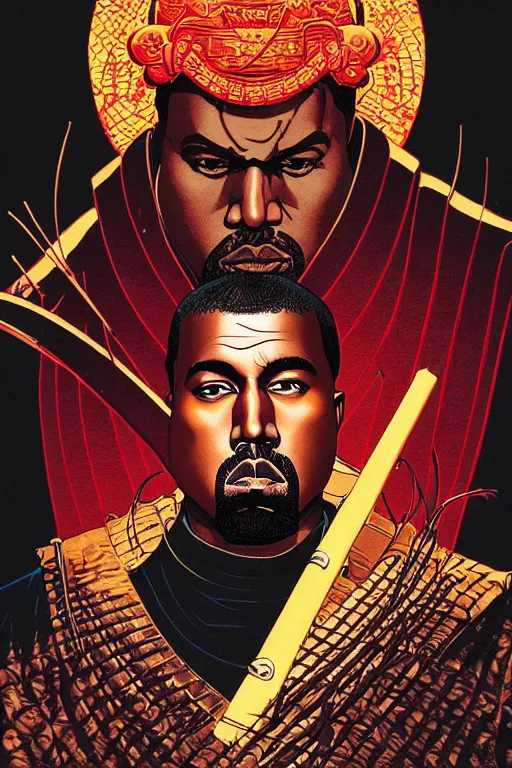 Image similar to poster of kanye west as a samurai, by yoichi hatakenaka, masamune shirow, josan gonzales and dan mumford, ayami kojima, takato yamamoto, barclay shaw, karol bak, yukito kishiro, highly detailed