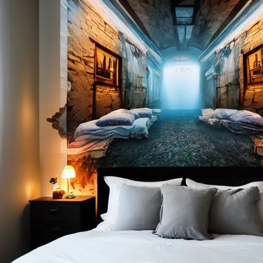 Image similar to a cozy bedroom interior with wall murals painted by a genius, detailed, high resolution, wow!, intricate, volumetric lighting, raytracing