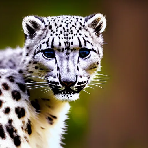 Image similar to very very very very very cute chibi snow leopard, portrait, pixar style, forest background, cinematic lighting, award winning creature portrait photography