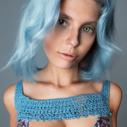 Image similar to A photo of a caucasian female model with blue hair wearing a crocheted croptop