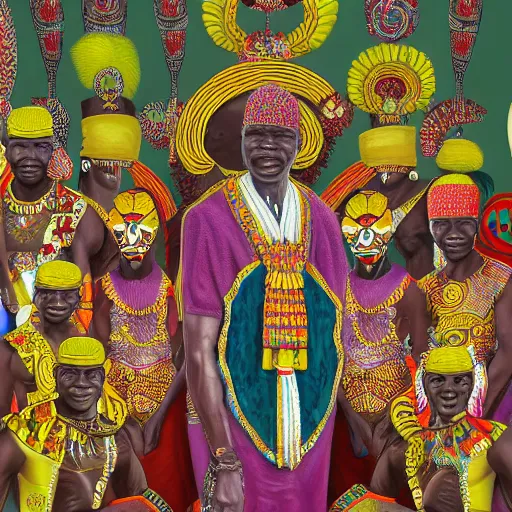 Image similar to highly detailed painting of the oba of benin surrounded by masquerades, fantasy, 8 k, realistic, symmetrical, digital illustration,