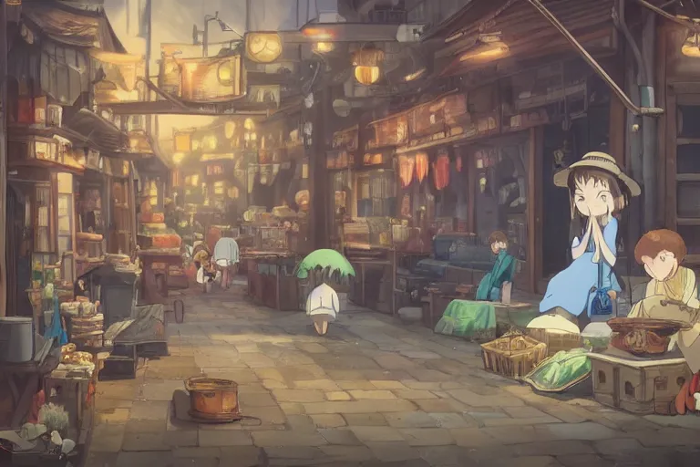 Image similar to Buyers choosing magic animals in magic animals market. 4K digital paint by studio Ghibli Hayao Miyazaki. Very sharp and detailed. Trending on ArtStation and Behance.