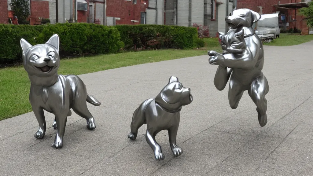 Prompt: a Brushed Metal Statue of a dog chasing a cat