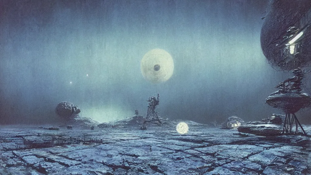 Image similar to emissary space by arthur haas and bruce pennington and john schoenherr, cinematic matte painting, photo realism, dark color palate, blue hour light snow