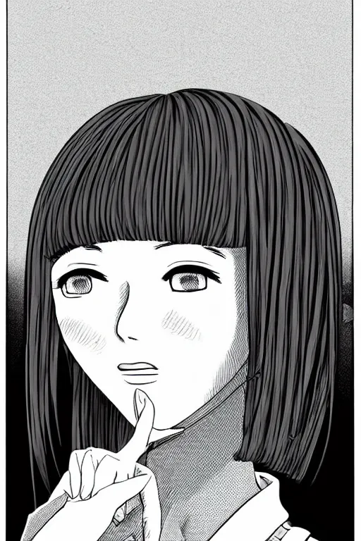 Image similar to portrait of a girl in long pants and a top, hands in pockets, eyes closed, bob haircut, digital art, black and white, lineart by junji ito and kaoru mori