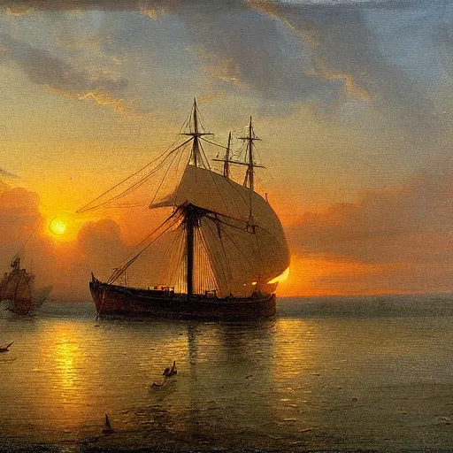 Prompt: medieval ship on the sea, sunset, painting style, achenbach