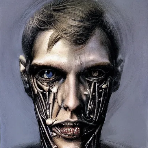 Image similar to surreal portrait of a man by Greg Rutkowski and H.R Giger, symmetrical face, he is about 30 years old, west slav features, short blonde hair with bangs, attractive, smart looking, slim, somewhat androgenic, transformed into a kind of biomechanical transhuman god, disturbing, terrifying but fascinating, with a determined and sinister expression on his face, cosmic void background, frightening, fascinating, highly detailed portrait, digital painting, book cover, artstation, concept art, smooth, sharp foccus ilustration, Artstation HQ