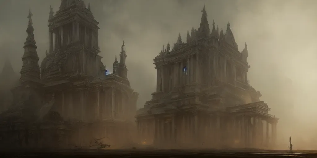 Image similar to Hyper realistic painting depicting temple of an eldrich god, horror, fog, dark fantasy, volumetric lighting, by greg rutkowski, trending on artstation