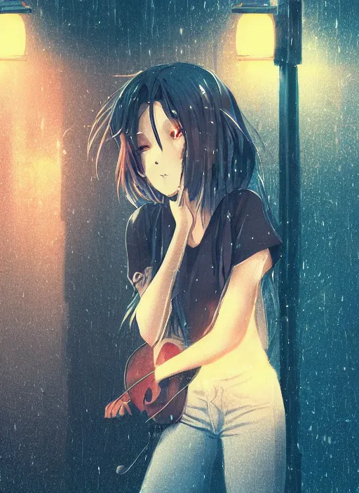 Image similar to listening to music at 2 am, night, pretty girl, pose, rain, lofi, lofi, peaceful, street light, anime key visual, poster, anime, by wlop, high quality, 4 k, trending, trending on artstation