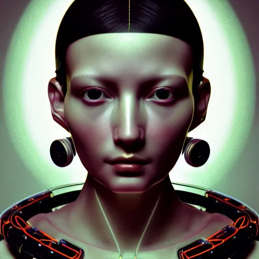Image similar to Colour aesthetic Caravaggio style full body Photography of Highly detailed beautiful cybertronic ukrainian woman with 1000 year old detailed face wearing highly detailed retrofuturistic sci-fi Neural interface designed by Hiromasa Ogura . In style of Josan Gonzalez and Mike Winkelmann and andgreg rutkowski and alphonse muchaand and Caspar David Friedrich and Stephen Hickman and James Gurney and Hiromasa Ogura. Rendered in Blender and Octane Render volumetric natural light