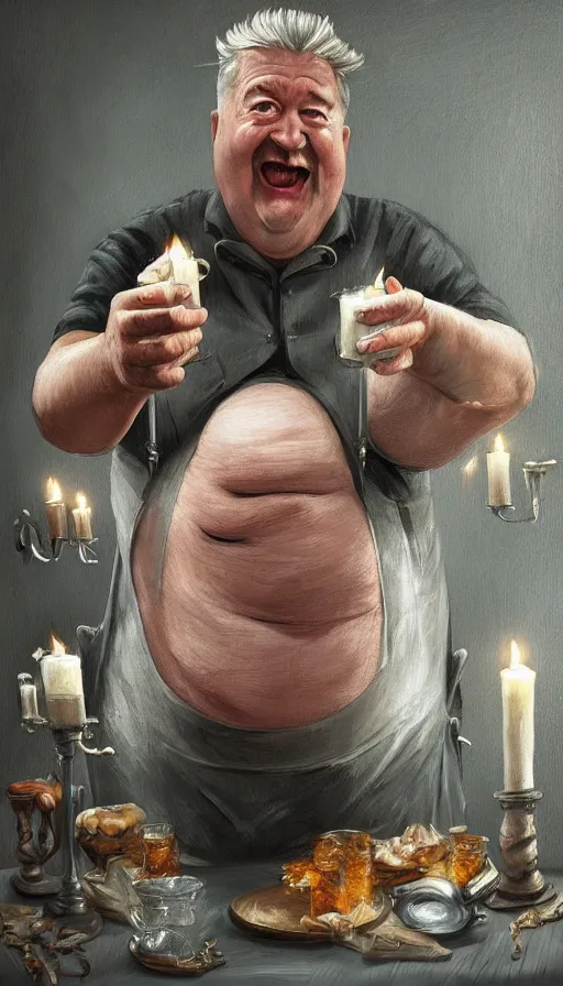 Prompt: david lynch as fat drunk tavern owner, apron, laughing, candles, fame of thrones, warhammer, fibonacci, sweat drops, intricate fashion clothing, insane, intricate, highly detailed, surrealistic, digital painting, artstation, concept art, smooth, sharp focus, illustration, unreal engine 5, 8 k, art by artgerm and greg rutkowski and alphonse mucha