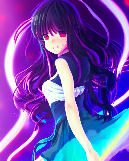 Image similar to anime style, vivid, expressive, full body, 4 k, painting, a cute magical girl idol with a long wavy hair wearing a dress, correct proportions, stunning, realistic light and shadow effects, neon lights, studio ghibly makoto shinkai yuji yamaguchi