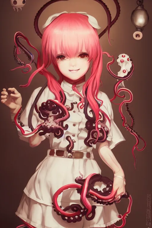 Image similar to a cute android maid girl cooking angry octopus, tentacles all over, character art portrait, anime key visual, official media, illustrated by wlop, extremely detailed, 8 k, trending on artstation, cinematic lighting, beautiful,