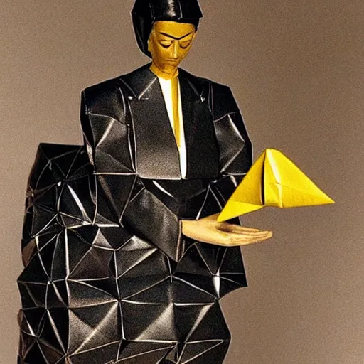 Prompt: A sculpture. A rip in spacetime. Did this device in his hand open a portal to another dimension or reality?! origami by Antoni Gaudí, by Frida Kahlo dynamic