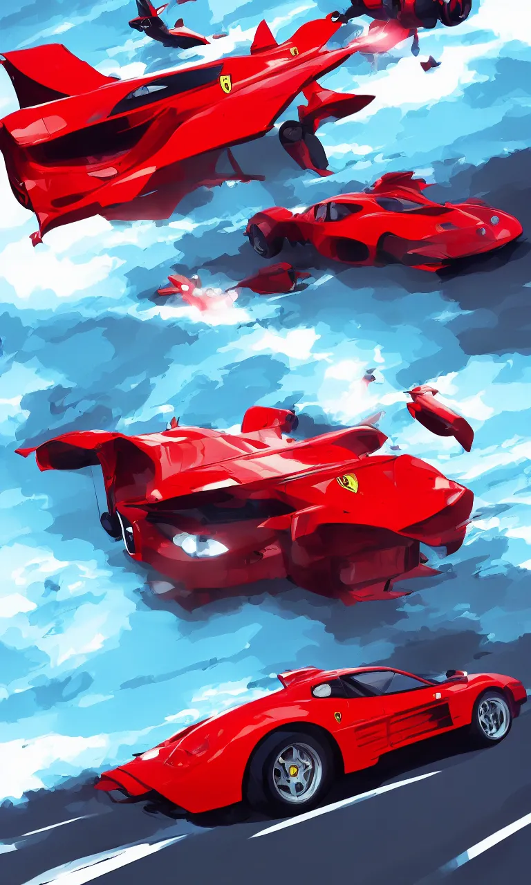 Image similar to a ferrari testarossa speeding under the avengers plane on the road to le cap - ferret, global illumination lighting artstation, lois van baarle, ilya kuvshinov, rossdraws