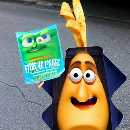 Image similar to [ a french fry chip ] shaped like stephen fry as a pixar character hybrid intercross mix