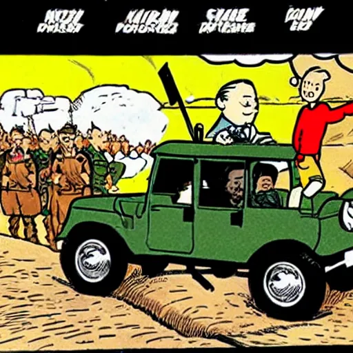 Prompt: tintin driving an army jeep. comic book