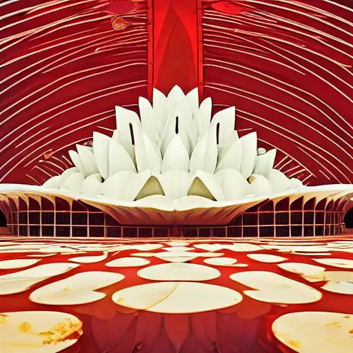 Prompt: futuristic lotus fractal temple with gold, red and white marble panels, in the desert, by buckminster fuller and syd mead, intricate contemporary architecture, photo journalism, photography, cinematic, national geographic photoshoot