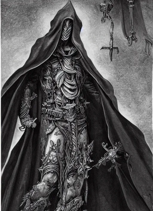 Image similar to fineart illustration of the necromancer wearing a black cloak, hyper detailed, crisp