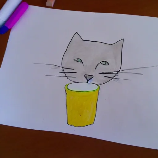 Prompt: poor kids drawing of a cat drinking milk