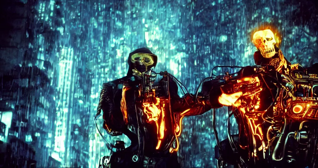 Image similar to movie still from the ghost rider cyberpunk movie directed by the Wachowskis, cinematic lighting, hyper realism, filmic, dark saturated colors, vapor wave, terrifying masterpiece, maximalist, full body portrait, black background, horror, by Giger, by Alexander McQueen