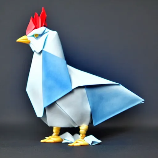 Image similar to beautiful, glorious porcelain origami chicken emperor, blue and silver colors, 3 d rtx hd