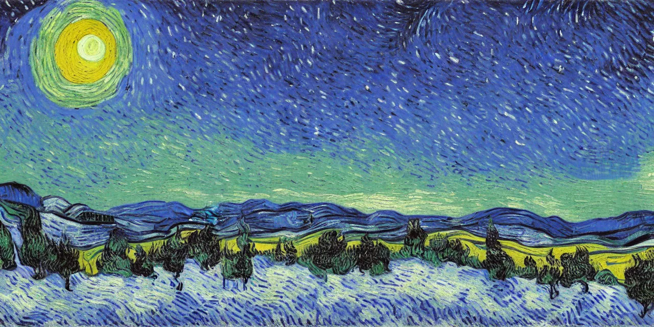 Prompt: thick impasto textured oil painting of the laurentian appalachian mountains in winter by vincent van gogh, unique, original and creative landscape, snowy night, distant town lights, aurora borealis, deers and ravens, footsteps in the snow, brilliant composition