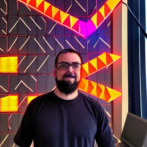 Image similar to a daytrader named jay standing proudly in front of triangular nanoleaf led lights on his wall