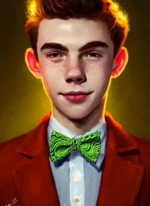 Image similar to portrait of teenage archie andrews, freckles, curly middle part haircut, curly hair, smiling kindly, wearing a bowtie, intricate, elegant, glowing lights, highly detailed, digital painting, artstation, concept art, smooth, sharp focus, illustration, art by wlop, mars ravelo and greg rutkowski