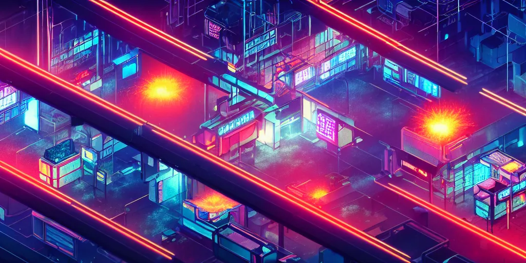 Image similar to isometric room of factory exploding at night in the center of a futuristic sci-fi asian city, signboards, neon lights, blade runner color palette, rendered in octane render by Yasunari Ikenaga, Yamato, Macross