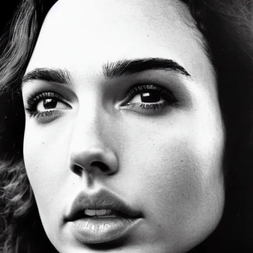 Prompt: photo of Gal Gadot by Diane Arbus, extreme closeup, black and white, high contrast, Rolleiflex, 55mm f/4 lens