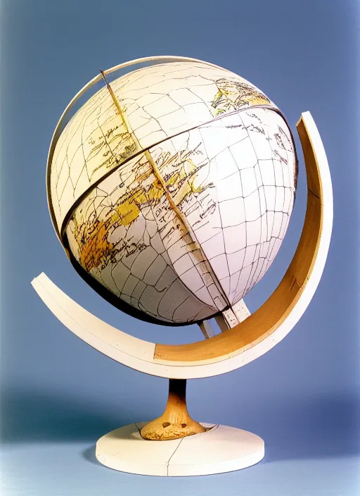 Prompt: realistic photo of a scientific model of an ugly rough globe made of white clay with wooden details, front view 1 9 9 0, life magazine reportage photo, metropolitan museum photo