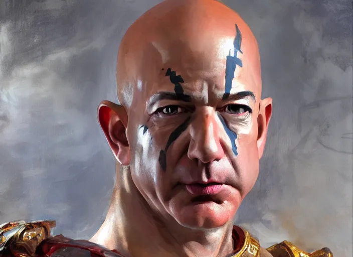 Image similar to a highly detailed beautiful portrait of jeff bezos as kratos, by gregory manchess, james gurney, james jean
