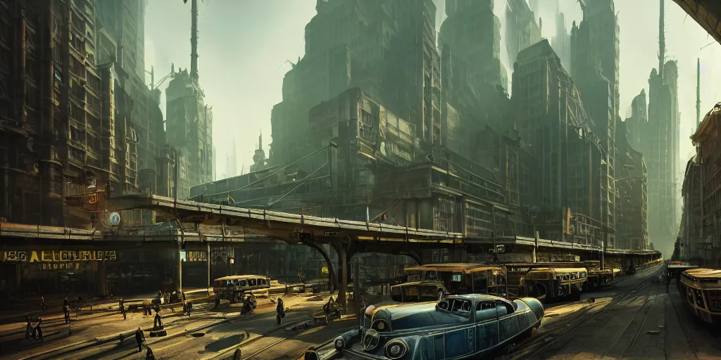 In An Dieselpunk City With A Monorail, Highly | Stable Diffusion