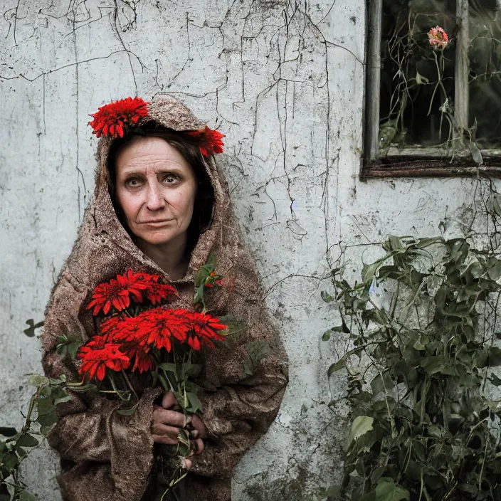 Image similar to a woman wearing a hooded cloak made of zinnias and barbed wire, in a derelict house, by Helen Warner, natural light, detailed face, CANON Eos C300, ƒ1.8, 35mm, 8K, medium-format print