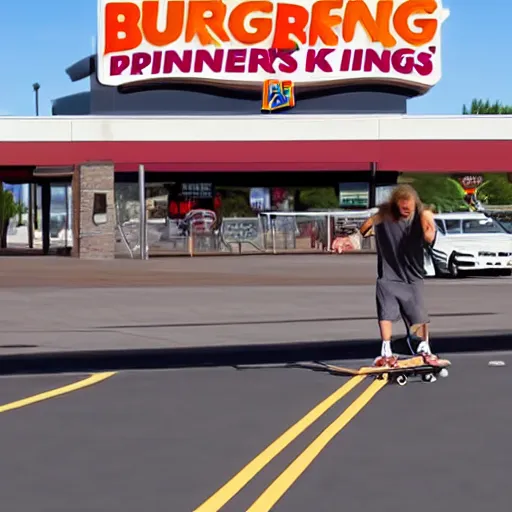 Image similar to kenny g skateboarding in a burger king parking lot, epic, cinematic, realism, ultra detailed, 8 k