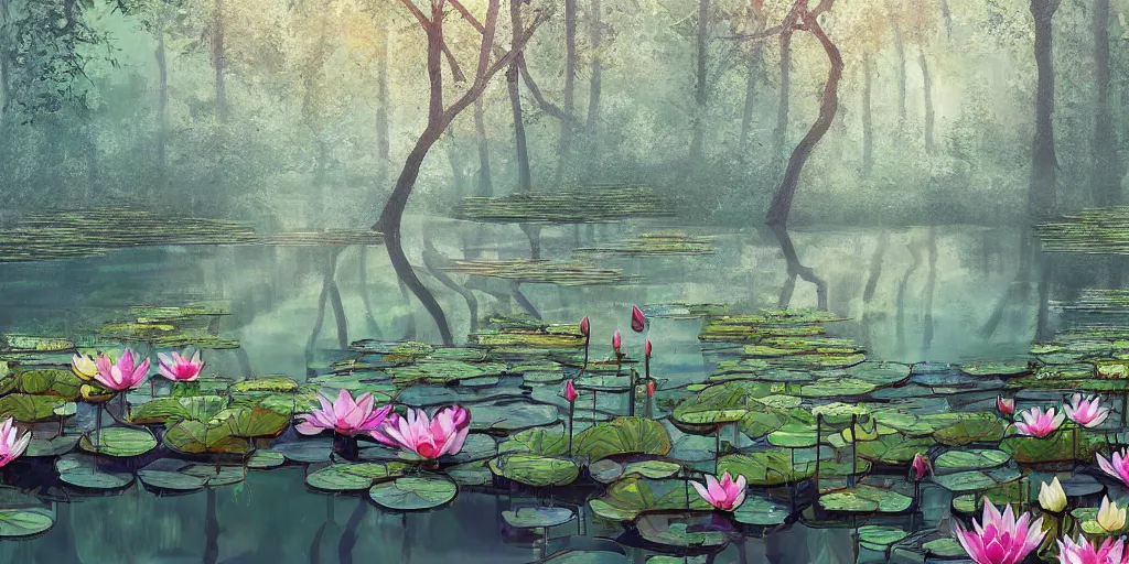 Prompt: a mirror like pond, by springtime flowers and foliage in full bloom, lotus flowers on the water, dark foggy forest background, sunlight filtering through the trees, digital art, art station