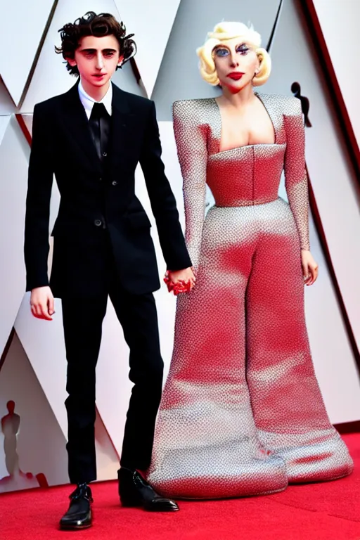 Image similar to timothee chalamet and lady gaga holding hands on the red carpet, beautiful detailed faces