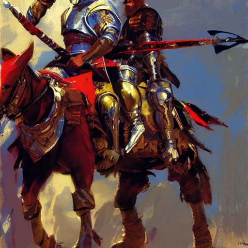 Prompt: mel gibson as rider with couched jousting lance, medieval helmet, colorful caparisons, chainmail, detailed by greg manchess, craig mullins, bernie fuchs, walter everett, low angle