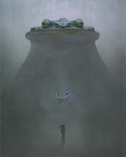 Prompt: giant terrifying frog god above a pond, scary, foreboding, mysterious minimalistic, by beksinski