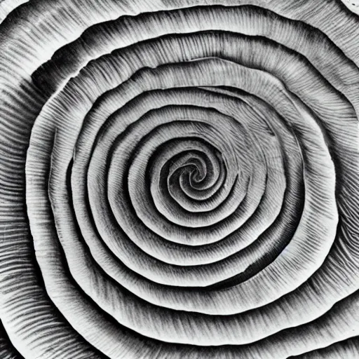 Prompt: a fibonacci spiral in micron black ink, on textured matte paper, studio lighting