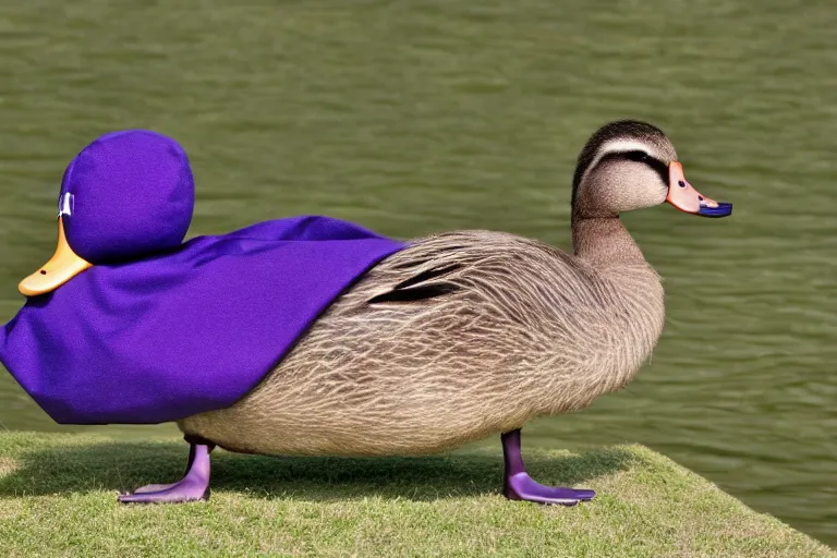 Image similar to duck wearing purple hat and cape and zoro mask by Roger Deakins