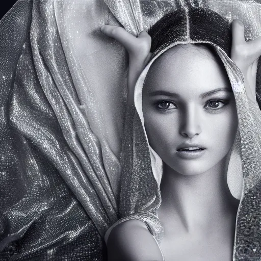 Prompt: filmstill photography of female face covered with white translucent blanket, luxurious supermodel photoshooting, golden jewelry,