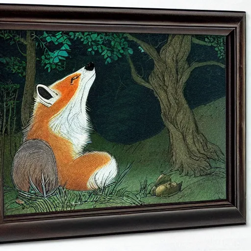 Image similar to candid portrait of clever fox in the forest, night sky, highly detailed, side view, illustrated by peggy fortnum and beatrix potter and sir john tenniel