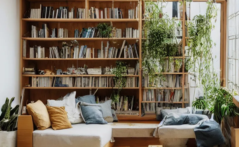 Image similar to interior desing magazine photo of a big window with a wooden frame to sit on, some sandy yellow pillows, there are some books on a small integrated shelf, hanging plants, great architecture, ambient light, 8k