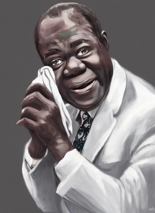 Prompt: a portrait of louis armstrong holding a white handkerchief, by julia condon, dramatic lighting, highly detailed digital painting