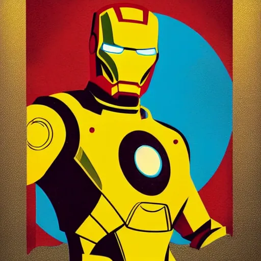 Prompt: retro poster with a painting of a iron man, an art deco painting by tom whalen, trending on behance, art deco, digital illustration, storybook illustration, art deco, flat shading, vector art, airbrush