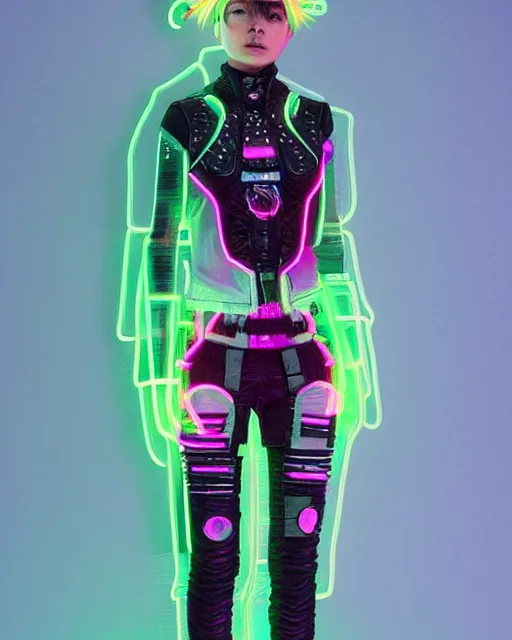 Image similar to full body shot of young punk woman dressed in futuristic cyberpunk clothing, soft neon diffused light, bjork aesthetic, translucent, by rineke dijkstra and artgerm, intricate details, highly detailed, masterpiece, 8 5 mm