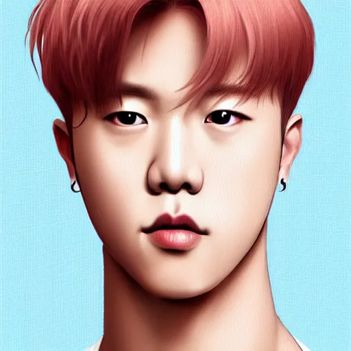 Prompt: wide angle full body portrait of Park Jimin of BTS, with a perfect face and perfect body, thin waist, plump lips, intricate, single face, wearing greek Palla, ethereal, men fall for him, short blonde hair, blue eyes, hunter eyes, highly detailed, digital painting, artstation, concept art, smooth, sharp focus, illustration, Unreal Engine 5, 8K, art by artgerm and greg rutkowski and alphonse mucha