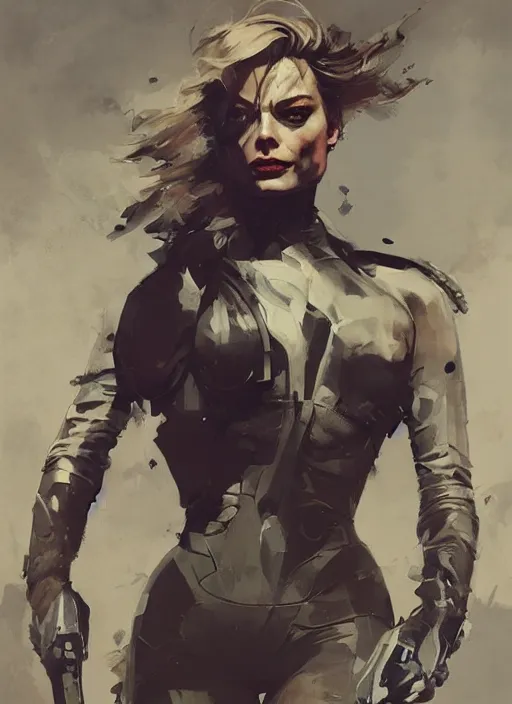 Image similar to Margot Robbie wearing metal gear armor holding revolver dramatic lighting art by Yoji Shinkawa by Richard Schmid by greg rutkowski by Sandra Chevrier by Jeremy Lipking cinematic dramatic